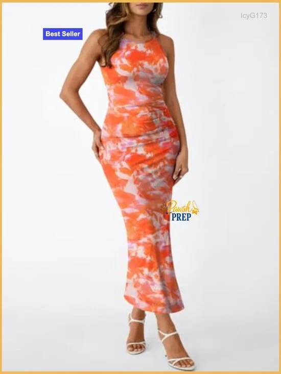 Sleeveless Bodycon Maxi Dress Floral Print Ruched Side Slit Party Club - Picture 2 of 5